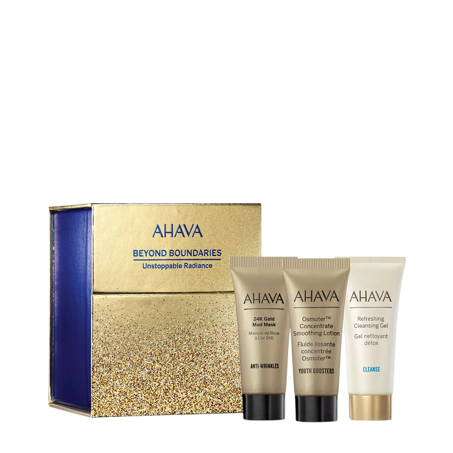 Unstoppable Radiance Σετ Ahava: Osmoter Concetrate, Λείανσης, Lotion, Για το Πρόσωπο, 15 ml + Refresing, Καθαρισμού, Gel Καθαρισμού, Για το Πρόσωπο, 15 ml + 24K Gold Mineral, Αντιρυτιδική, Μάσκα Λάσπης, Για το Πρόσωπο, 15 ml + Ahava, GWP Text