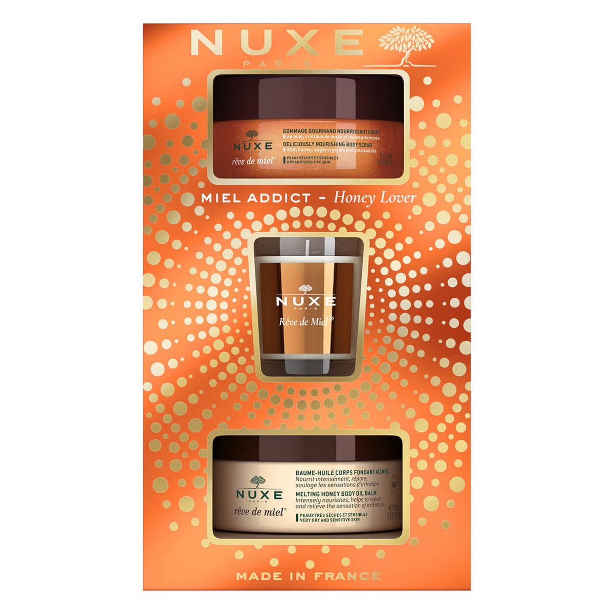 Xmas 2022 Σετ Nuxe: Reve de Miel Deliciously, Vegan, Καταπραϋντικό, Scrub Σώματος, 175 ml + Reve de Miel, Honey, Βάλσαμο Σώματος, Για Όλο το Σώμα, 200 ml + Reve de Miel, Αρωματικό Κερί, 70 g