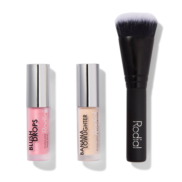 Xmas 2024 Set Rodial: Blush Drops, Radiant Finish, Liquid Blush, Frosted Pink, 15 ml + Banana Lowlighter, Illuminating, Υγρό Highlighter, Για το Πρόσωπο, 1.6 ml + The Buffing, Mini, Πινέλο Foundation, No. 10